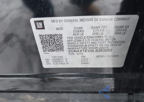 2020 Chevrolet Equinox Awd 2Fl из США, поврежденный, VIN 2GNAXTEV0L6253893